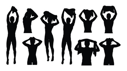 People drying with towels silhouettes isolated on white background, Vector