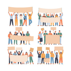 Diverse group of people holding blank banners and signs at a rally vector