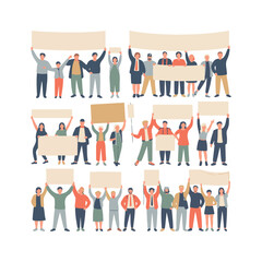 Diverse group of people holding blank banners and signs in protest demonstration rally women