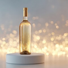 Elegant wine bottle on a circular pedestal with a blurred bokeh background, perfect for celebrations