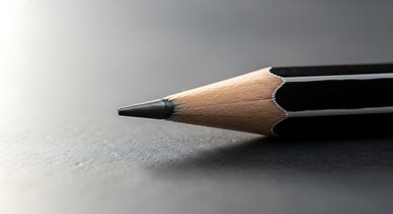 Extreme closeup of a sharpened graphite pencil tip on a dark, textured surface, highlighting the detail and precision of the writing tool