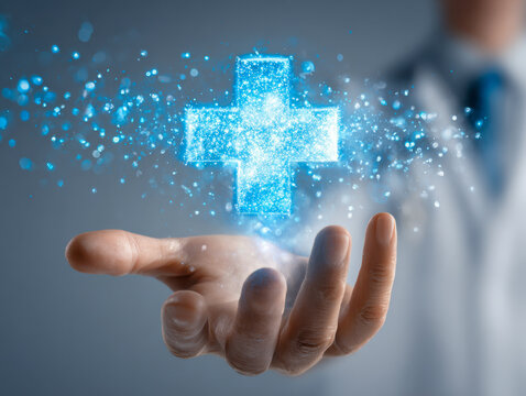 Digital healthcare concept with a glowing medical cross and futuristic design