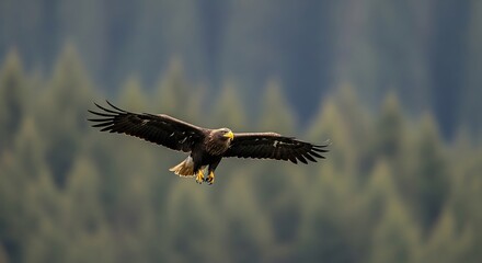 Obraz premium Majestic Golden Eagle Soaring Through Forest Canopy in Flight.