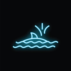 Neon sign depicting a shark fin emerging from ocean waves with a sunset in the background