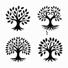 Four black silhouette trees with roots and leaves on white background vector