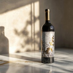 Elegant wine bottle with artistic label casting shadows on a marble surface in soft light