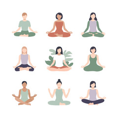 Nine diverse people meditating in lotus pose muted colors yoga meditation