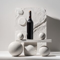 Abstract still life composition featuring a wine bottle on a textured stone pedestal with spheres