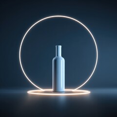 Minimalist still life of a white bottle illuminated by glowing circles against a dark backdrop