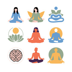 Nine flat icons of people meditating and a brain illustration meditation yoga