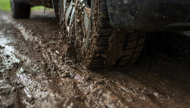 A car tire is covered in mud as it drives through a muddy road or field.