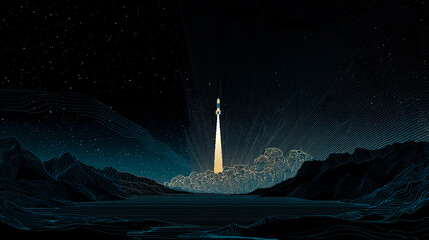 A rocket launch against a starry sky background, with a pattern of mountains and rivers in the foreground, in a vector illustration style featuring geometric lines and a simple, flat design.