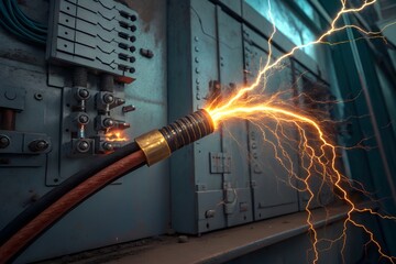 Intense electrical arc and sparks erupting from a frayed cable connector plugged into industrial equipment illustrating power surge danger and electrical hazard