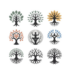 Nine stylized tree logos with roots and varied leaf colors symbol nature