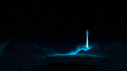 A rocket launch against a starry sky background, with a pattern of mountains and rivers in the foreground, in a vector illustration style featuring geometric lines and a simple, flat design.