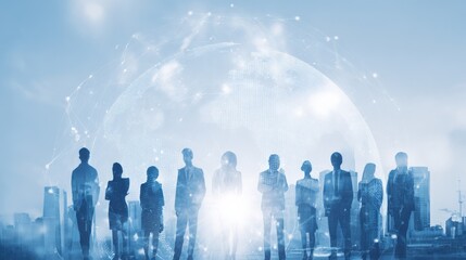 Global Business Team United with Technology Overlay Standing Tall in the City Skyline