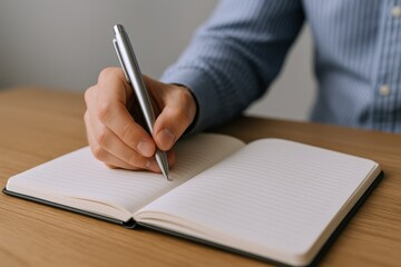 Man Writing in Open Notebook with Silver Pen on Wooden Desk, Capturing Ideas