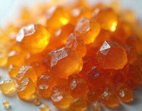 Close-up of vibrant orange gum arabic crystals on white surface. Natural ingredients used in food production, traditional medicine. Macro shot highlights texture, color of acacia derivative.