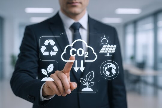 Businessman Tapping CO2 Reduction Icon on Virtual Screen Displaying Environmental Protection Concept and Sustainability