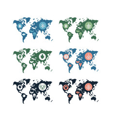 Six world maps with nature and people icons in blue green and coral globe earth