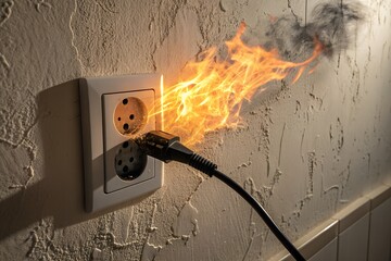 Electrical outlet sparking and catching fire with smoke billowing out indicating a dangerous short circuit or overloaded power source