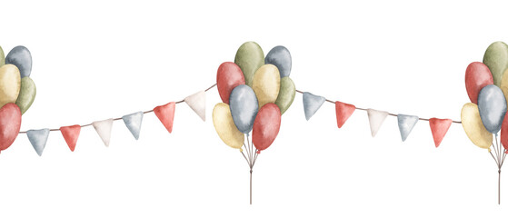 Amusement park. Watercolor hand-drawn horizontal border with bunch of colorful balloons and flags. Cute drawings seamless pattern for kids.
