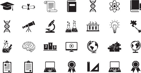 Black and white education and science icons for learning resources