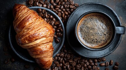 Richly colored baked pastry rests beside a dark mug of freshly brewed coffee surrounded by scattered roasted beans