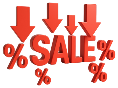Red 3D SALE text with downward arrows and percentage signs isolated on a transparent background