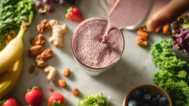 Berry smoothie with strawberries blueberries and mixed nuts creating nutritious protein shake for healthy breakfast or post workout refreshment drink on bright background