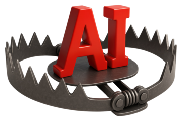 Red AI Letters in a Metal Bear Trap with Visible Springs and Chain on White Background artificial intelligence isolated on a transparent background