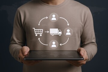Man holding tablet displaying supply chain management cycle for eCommerce and logistics optimization