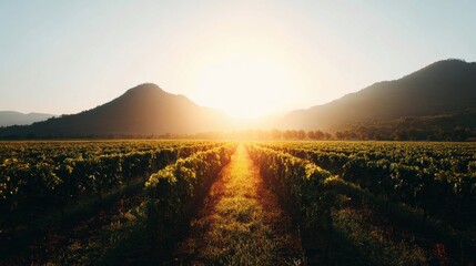 Vineyard Hills Basking in Dramatic Sunlight, Showcasing the Beauty of Organic Wine Production in a Serene Landscape