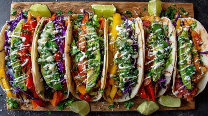 Colorful vegetarian tacos with grilled peppers purple cabbage avocado and fresh cilantro drizzled with creamy sauce on wooden board for delicious mexican street food