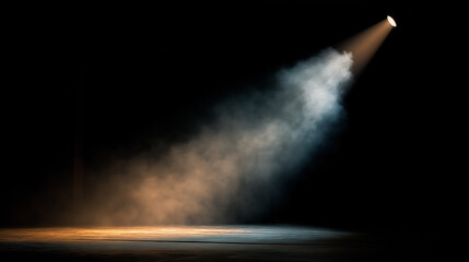 showbiz. An empty stage with a single dramatic spotlight beam, evoking a sense of anticipation and theatrical performance. event programs.