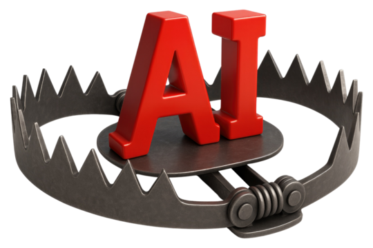 Red AI Letters in a Metal Bear Trap with Visible Springs and Chain on White Background artificial intelligence isolated on a transparent background - Powered by Adobe