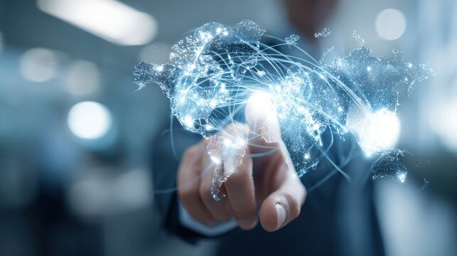 Global Network Connection Concept: Man Touching Digital World Map Display, Connectivity and Communication Technology