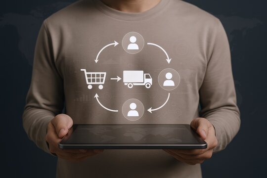 Man holding tablet displaying supply chain management cycle for eCommerce and logistics optimization - Powered by Adobe