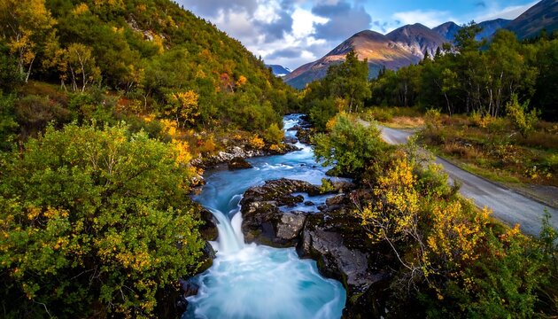 A vibrant autumnal scene shows a rushing turquoise river cascading through a forested valley. Mountains loom in the distance