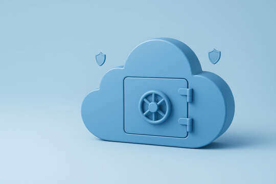 Blue cloud shaped safe symbolizes cyber security and network protection. This modern design emphasizes importance of safeguarding digital information in secure environment