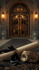 AI image of a Luxurious closed scroll invitation beside an ornate black and gold masquerade mask 