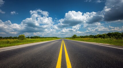 Naklejka premium Empty asphalt road stretches through green field. Blue sky with white clouds above. Roadway with yellow markings cuts through countryside landscape. Natural scenery with trees on horizon. Sunny day