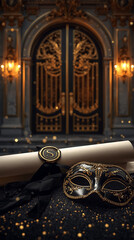 AI image of a Luxurious closed scroll invitation beside an ornate black and gold masquerade mask 