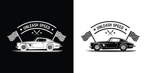 Vintage sports car with checkered flags and unleash speed text, symbolizing racing and performance