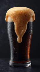 AI image of a close-up shot of a cold clear pilsner glass filled with dark rich stout beer or dark soda.
