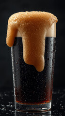 AI image of a close-up shot of a cold clear pilsner glass filled with dark rich stout beer or dark soda.