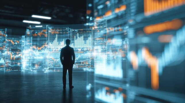 Businessman analyzing financial data and stock market trends on futuristic holographic screens in a modern office