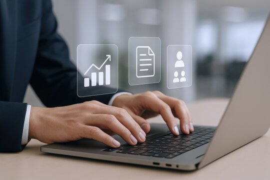 Professional using laptop with financial analysis icons, representing business growth, document management, and team collaboration - Powered by Adobe
