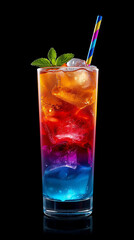 AI image of a stunning layered cocktail in a tall highball glass set against a deep black background