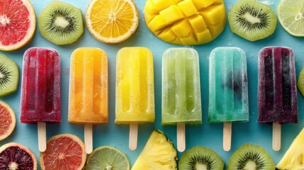 Colorful homemade fruit popsicles with kiwi, mango, and berries on bright blue background surrounded by fresh tropical fruit slices for summer refreshment